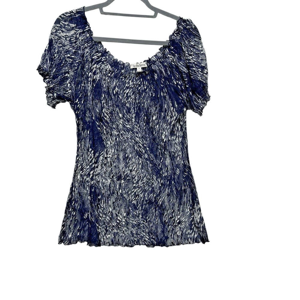 TravelSmith Womens Mesh Top M Navy Abstract Crinkle Sheer Y2K‎ Retro Whimsigoth